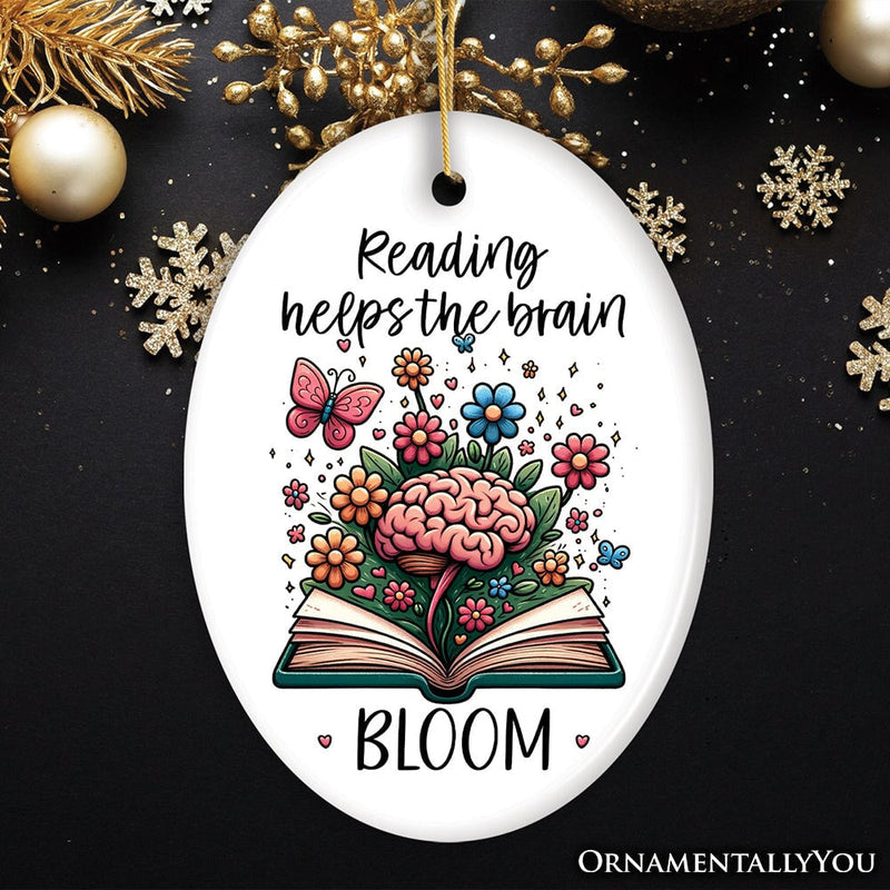 Reading Helps the Brain Bloom Unique Handcrafted Ornament, Booklover Gift with Flowers and Butterflies Art