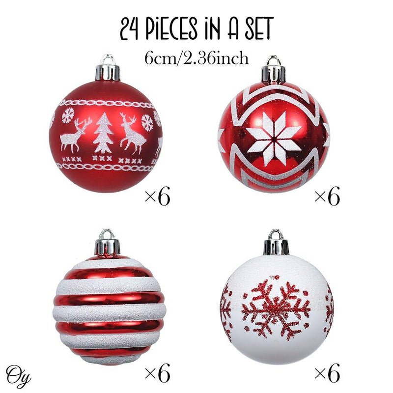 24 Red and White Ornament Balls, Assorted Christmas Glitter Baubles