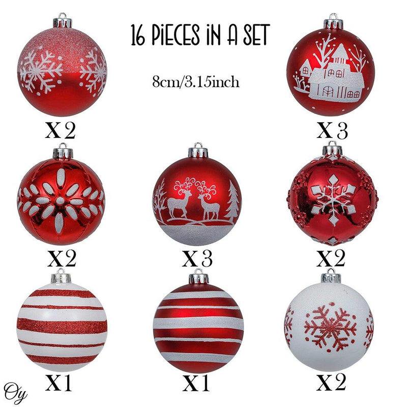 Red and White Shatterproof 16 Piece Christmas Ball Ornament Bundle, Candycane and Glittery Snowflakes