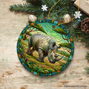 Rhinoceros Realm Expedition Stained Glass Style Ceramic Ornament, African Animals Christmas Gift and Decor