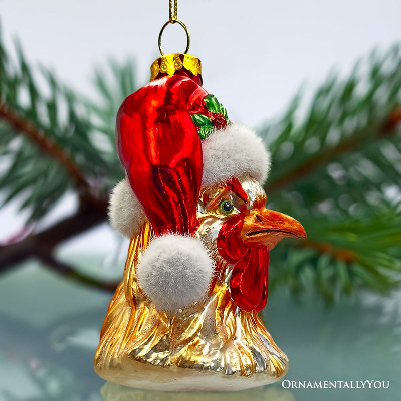 Rooster with Santa Hat Handblown Glass Christmas Ornament, Farm Chicken Holiday Decor