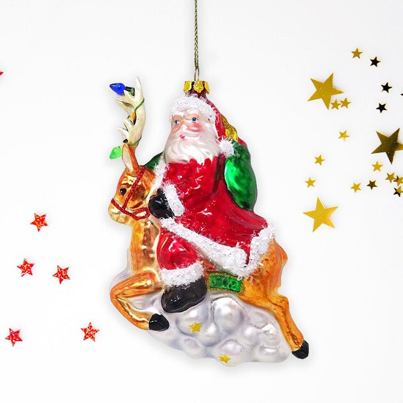 Santa Riding Reindeer Glass Christmas Ornament