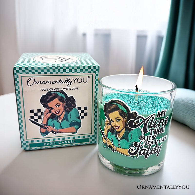 Sassy Retro Girl Dazzling Green Candle, Basil Scented Brunette Girl Funny Gift