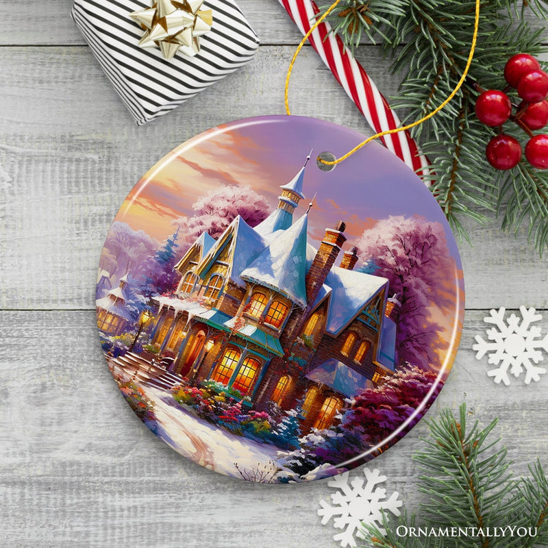 Serene Snowy House Painting Christmas Ornament, Tranquil Winter Wonderland Decoration Keepsake