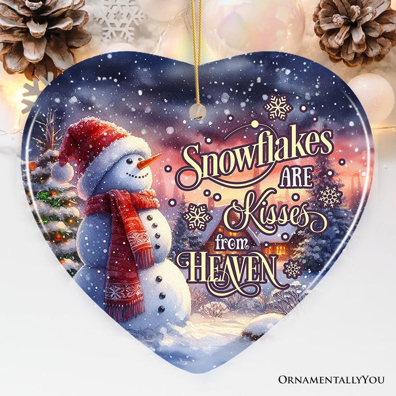 Snowflakes are Kisses from Heaven Quote Christmas Ornament, Snowman under the Twilight Sky Memorial Gift