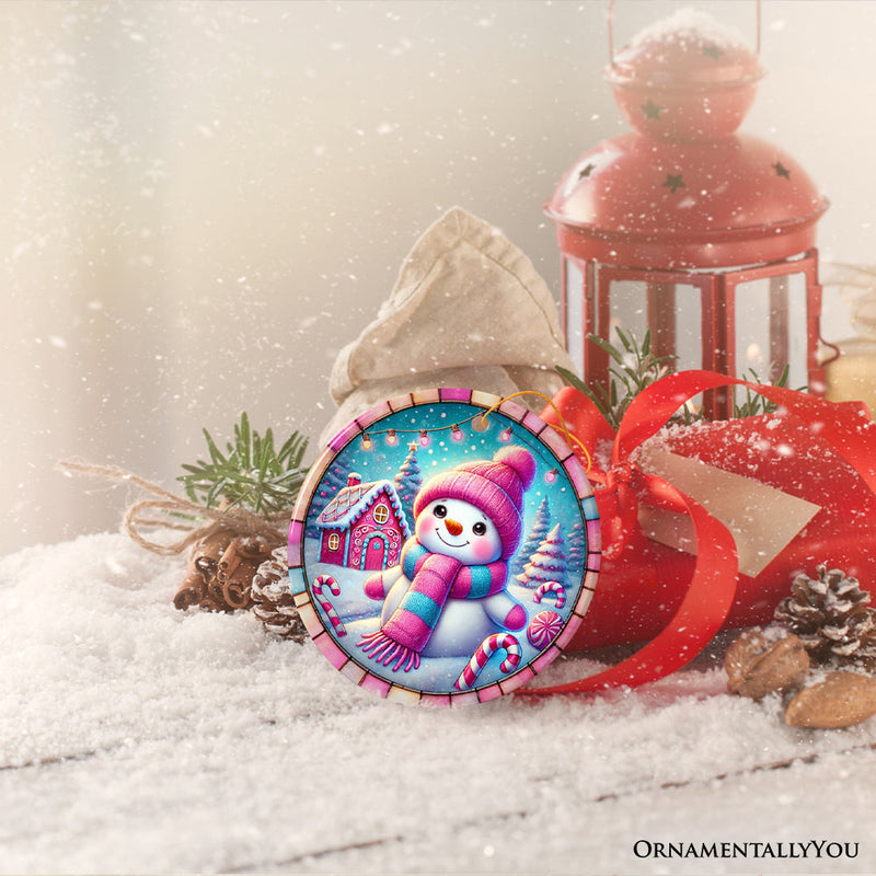 Snowman Candyland Pink Themed Ornament, Gift for Cozy Christmas Winter Wonderland