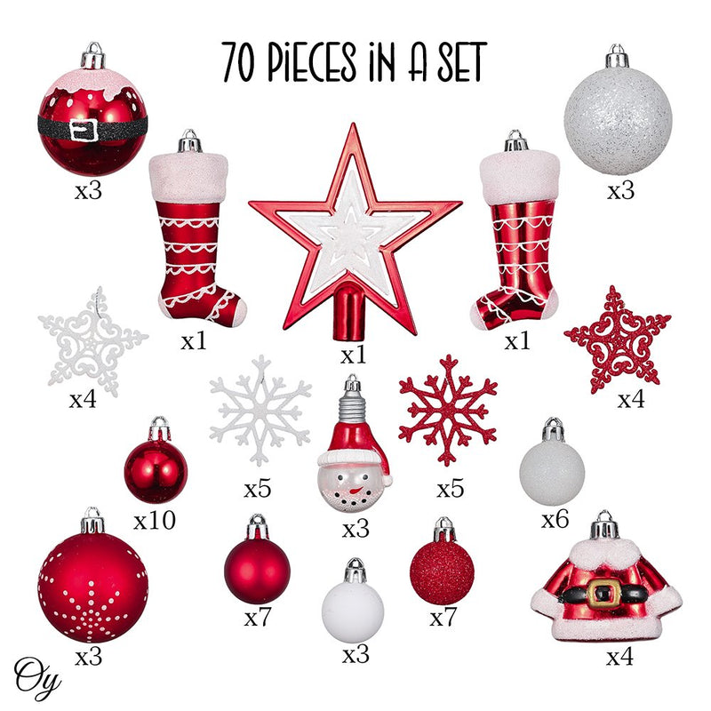 Super Santa Christmas Ornament Mega Bundle Set, Red and White Baubles, Snowman, Suit, Belt, and Snowflakes