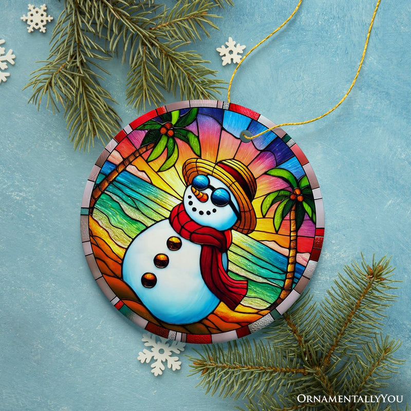 Tropical Holiday Sunset Snowman Ornament, Vibrant Beach Christmas Keepsake