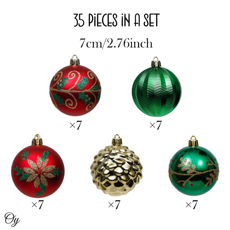 Uniquely Patterned Christmas Bauble Set, 35 Ornaments with Red, Green, and Gold