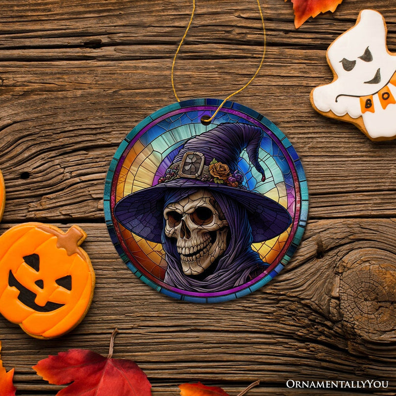 Witchy Grin Skull with Hat and Scarf Stained Glass Style Ceramic Ornament, Halloween Themed Christmas Gift and Decor