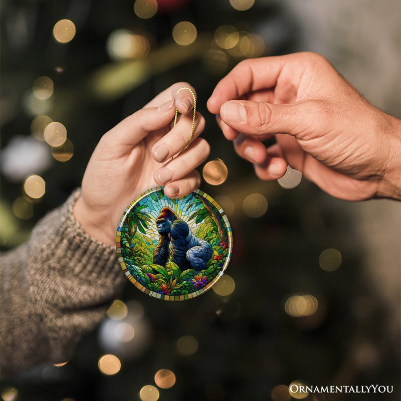 A Primate Safari Gorilla Stained Glass Style Ceramic Ornament, African Animals Christmas Gift and Decor