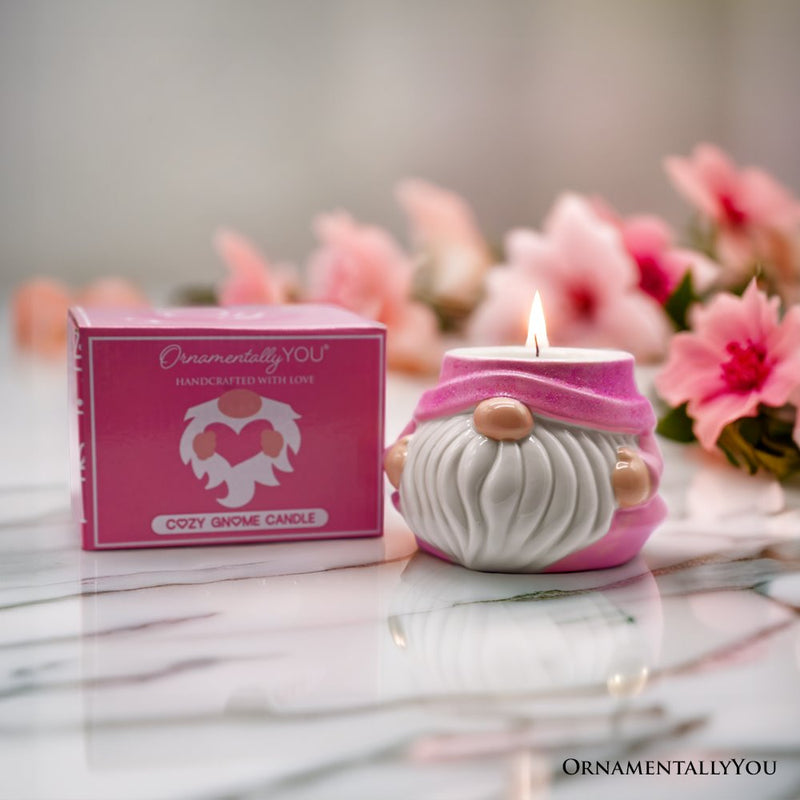 Adorable Pink Gnome Ceramic Candle, Holiday Home Decoration Scented with a Classic White Vanilla Fragrance