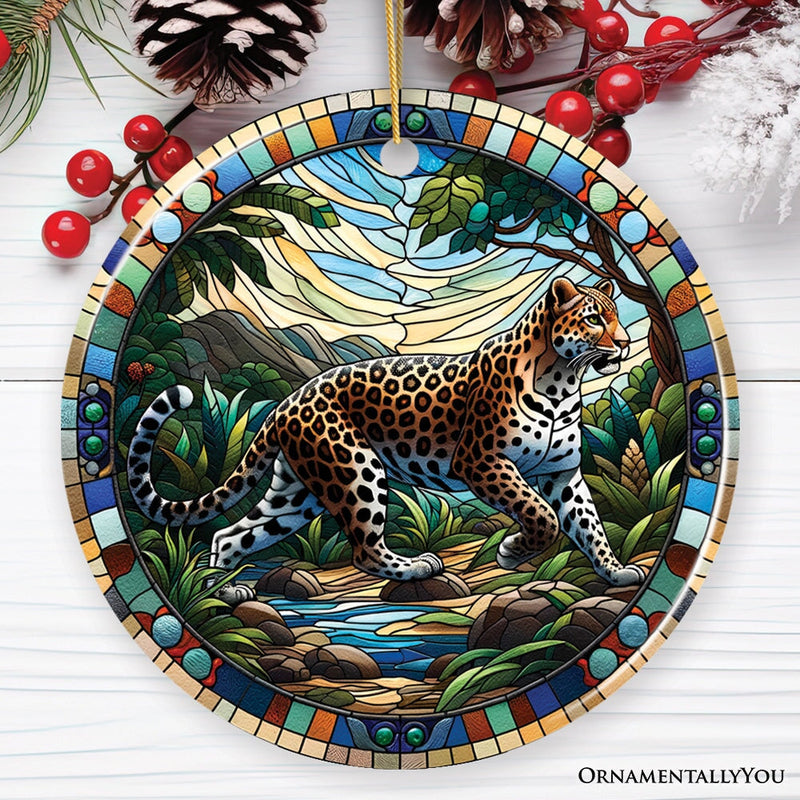 African Leopard Expedition Stained Glass Style Ceramic Ornament, Safari Animals Christmas Gift and Decor