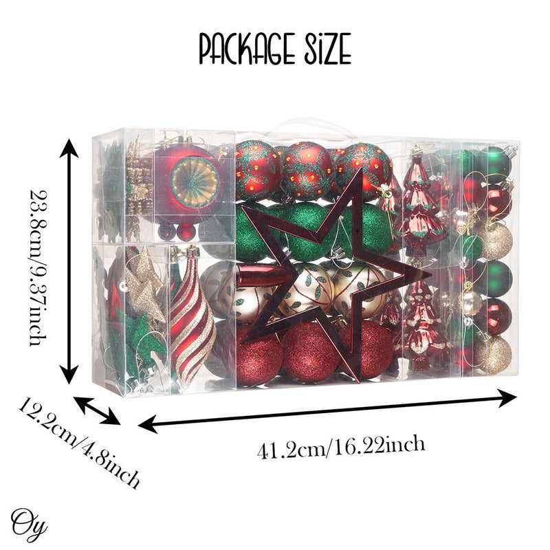 Alluring Large Christmas Ornament Set, Unique Red Green and Gold Baubles, 92 Charms and Snow Covered Trees with Dark Red Tree Topper