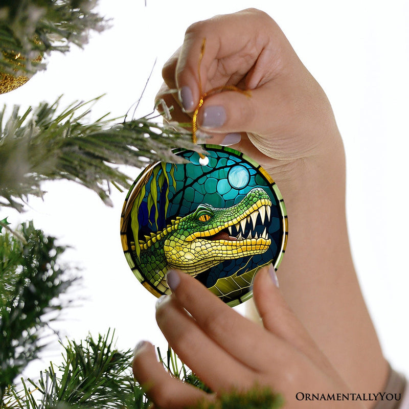 Artistic Wetlands Alligator Ceramic Ornament, Stained Glass Theme Nature Art of Swamp Animal