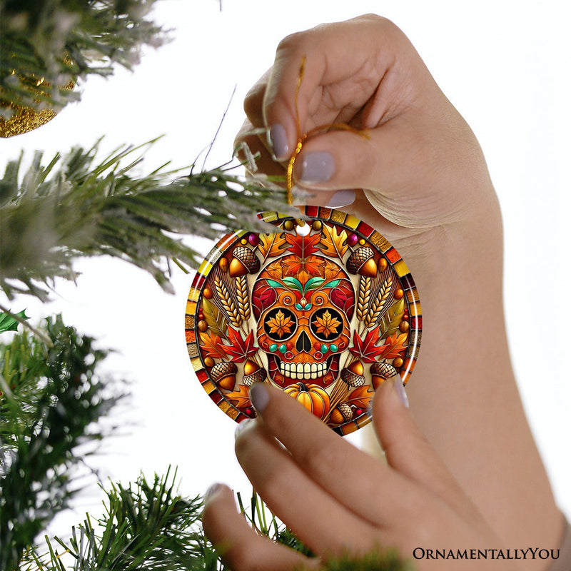 Autumn Harvest Sugar Skull Ornament, Vibrant Fall Foliage Christmas Gift and Decor