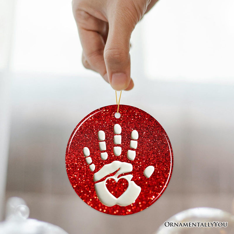 Baby Handprint in Red Glitter Themed Ornament, Christmas Nursery Keepsake and Tree Decor