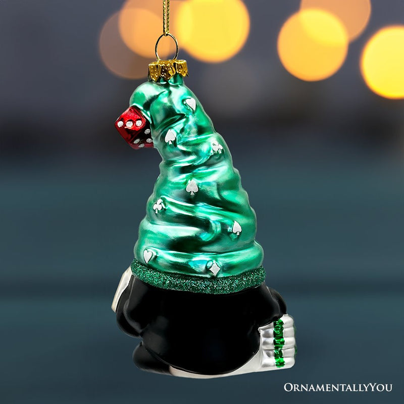 Casino Poker Gnome Glass Ornament, Cute Christmas Gambler