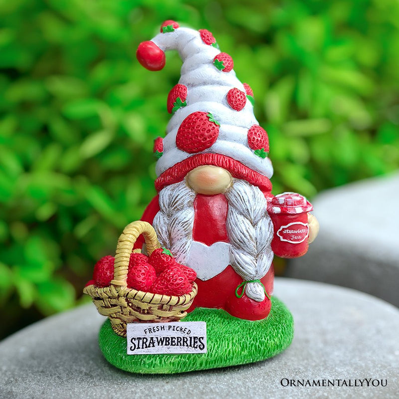 Charming Homestead Strawberry Gnome Garden Statue, 9.5" Farmhouse Style Unique Fruit Home Decor