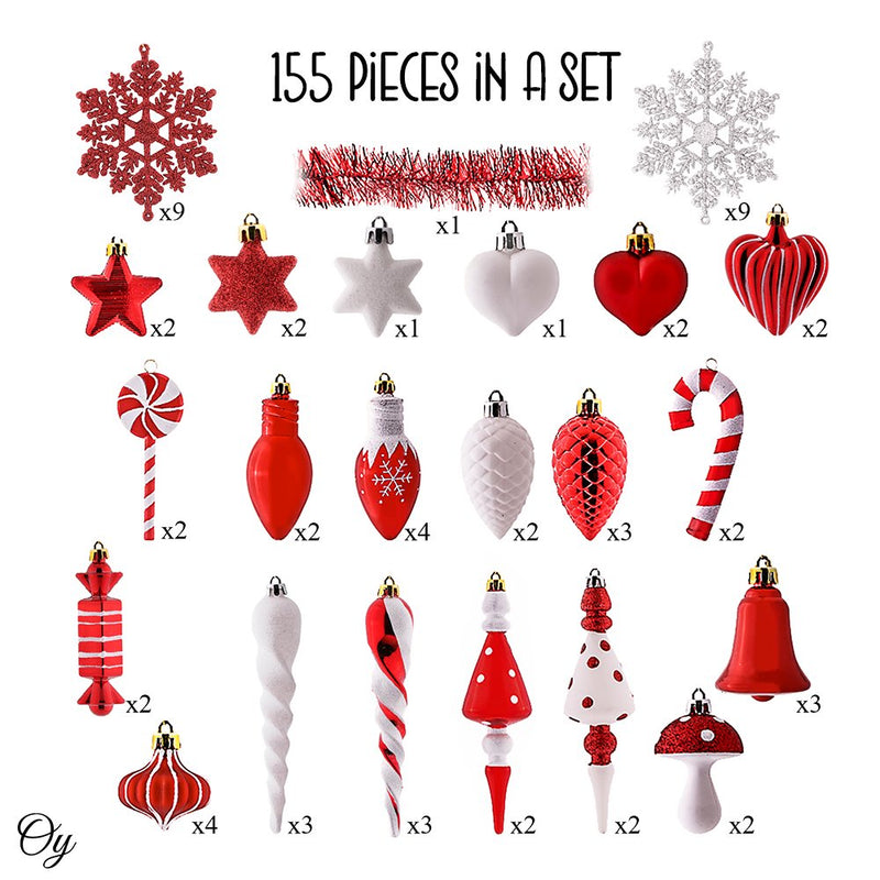 Christmas Paradise Ornament Bundle Mega Set, 155 Red and White Baubles with Many Themes