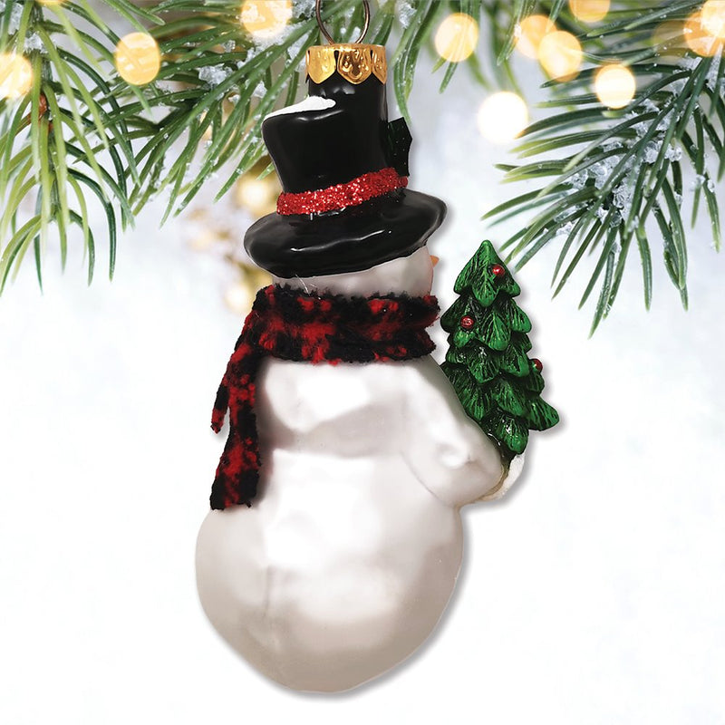 Comfy Snowman and Radiant Christmas Tree Blown Glass Holiday Ornament