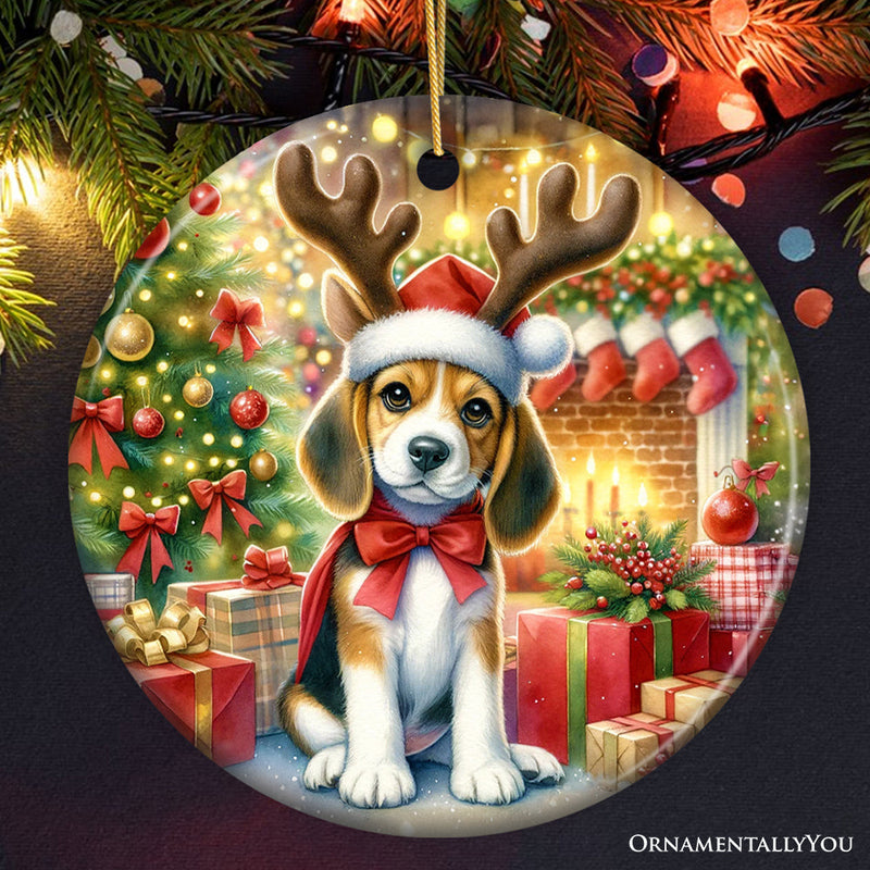 Cozy Fireplace Beagle Ornament, Snuggly Canine Christmas Gift and Decor