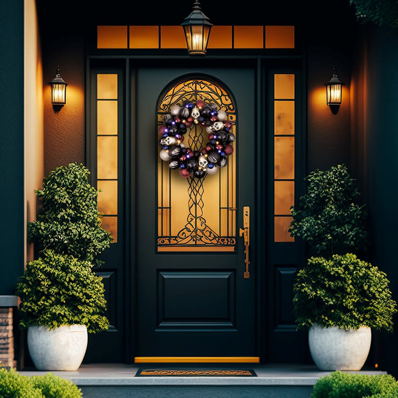 Creep and Glitter Spooky Wreath with Skeleton Skull Baubles, Black, Maroon and Gold Colors with Shiny Glitter