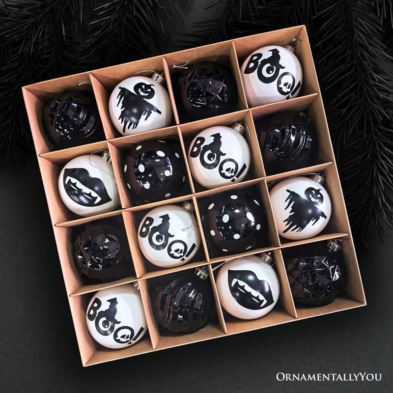 Creepy Boo Assorted 16 Piece Black and White Ornament Bundle, Monochrome 3" Halloween Bauble Set