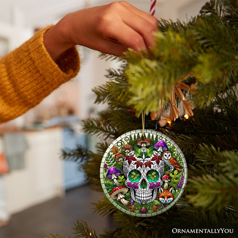 Enchanted Woodland Sugar Skull Ornament, Mystical Forest Christmas Gift and Decor