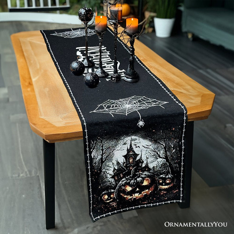Haunted Horrors 72" Table Runner, Jacquard Halloween Home Black Tablecloth Decoration with Pumpkins and Spiderwebs