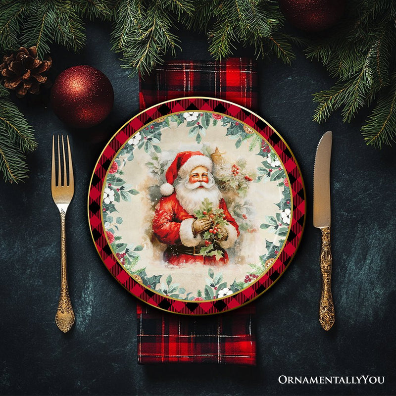 Decor Steals Special -  Holiday Cheer Set of 4 Plates with Real Gold Plaid Trim, Christmas Tableware Collection for Salad, Dessert, Appetizer, and Side Plates