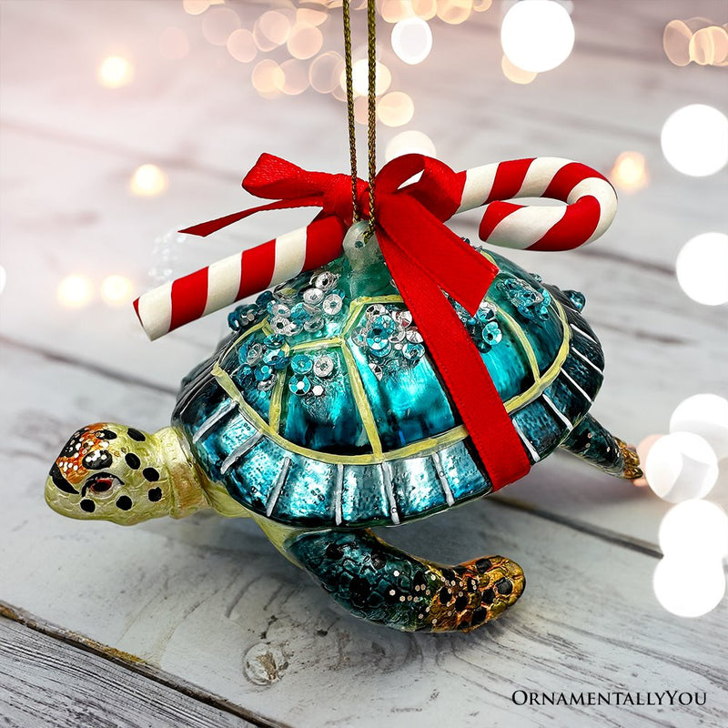 Nautical Gift Wrapped Sea Turtle Glass Christmas Ornament, Tropical Beach Holiday Decor