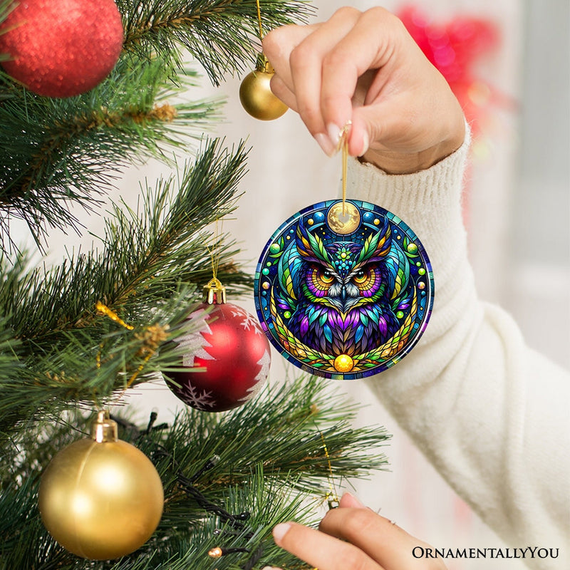 Nocturnal Enchanter Mysterious Owl Stained Glass Style Ceramic Ornament, Halloween Themed Christmas Gift and Decor