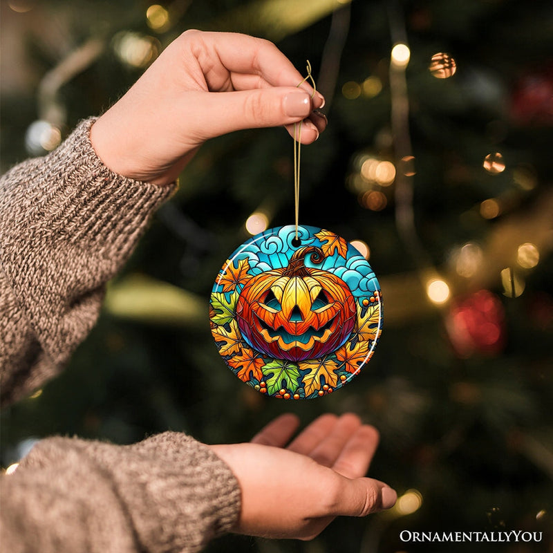 Pumpkin Spice and Crispy Leaves Stained Glass Style Ceramic Ornament, Halloween Themed Christmas Gift and Decor