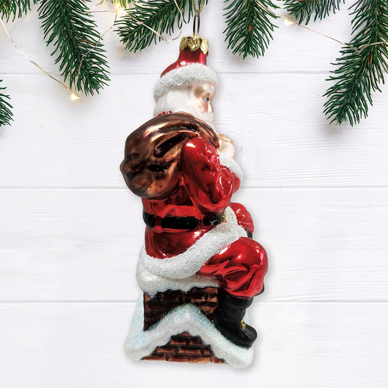 Santa Claus on Chimney Glass Christmas Ornament