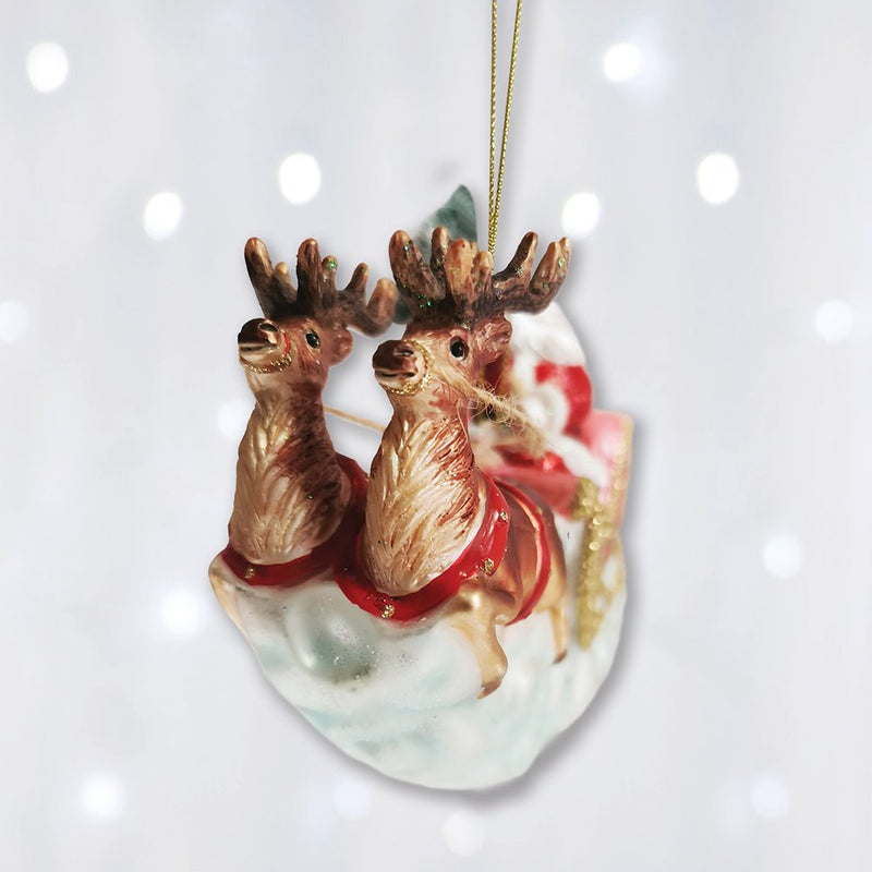 Santa Sleigh and Reindeer Elegant Christmas Ornament, Holiday Blown Glass Figurine