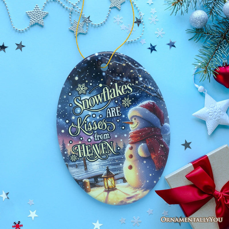 Snowflakes are Kisses from Heaven Quote Christmas Ornament, Snowman under the Twilight Sky Memorial Gift