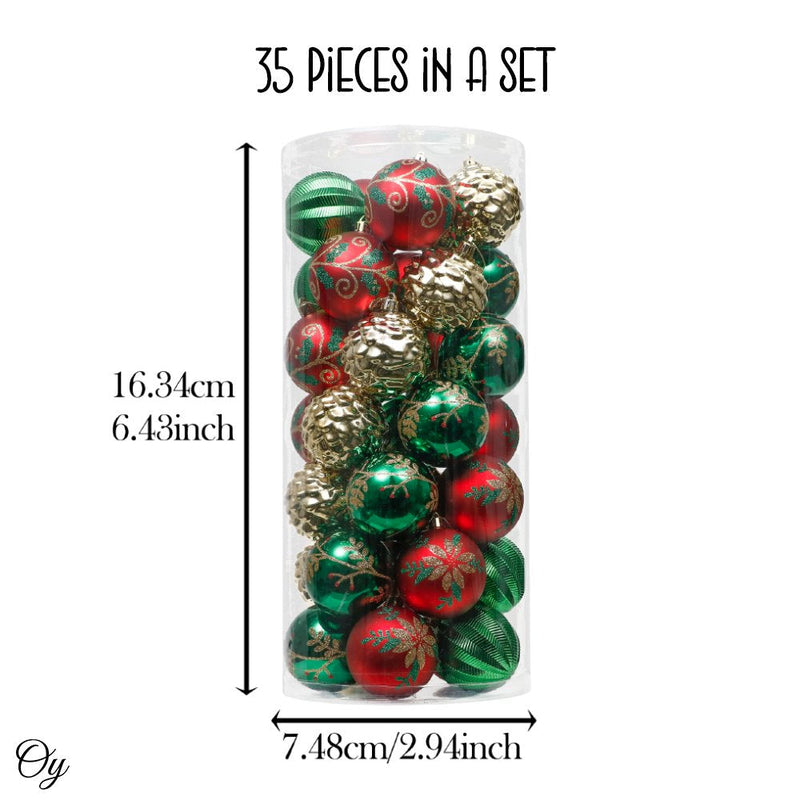 Uniquely Patterned Christmas Bauble Set, 35 Ornaments with Red, Green, and Gold