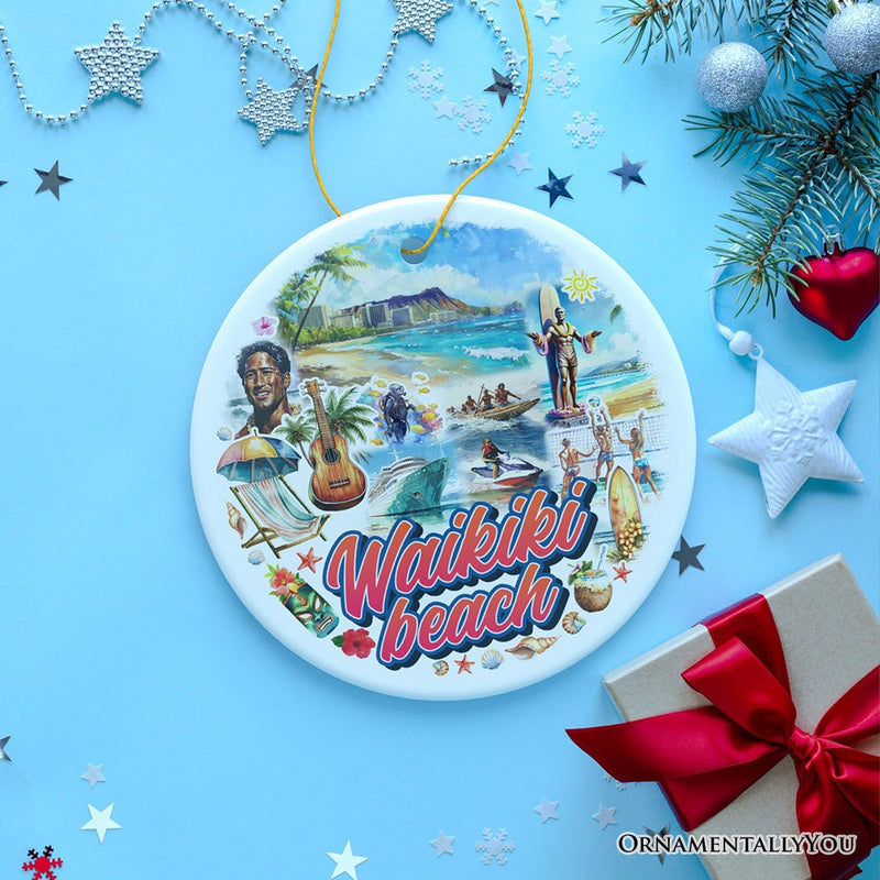 Waikiki Beach Hawaiian Paradise Ornament, Pacific Island Cultural Christmas Gift and Souvenir