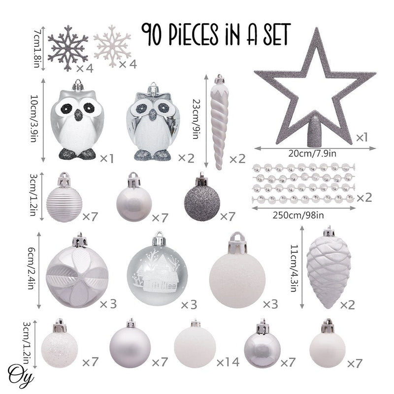 Winter Woodlands Large White and Silver Ornament Set of 90, Glittery Snow Owls, Cones, Snowflakes, and Stalactites