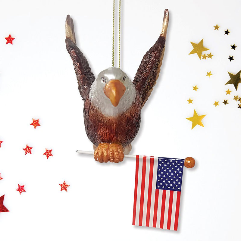 American Bald Eagle Patriotic Glass Ornament, USA Flag Christmas Decor