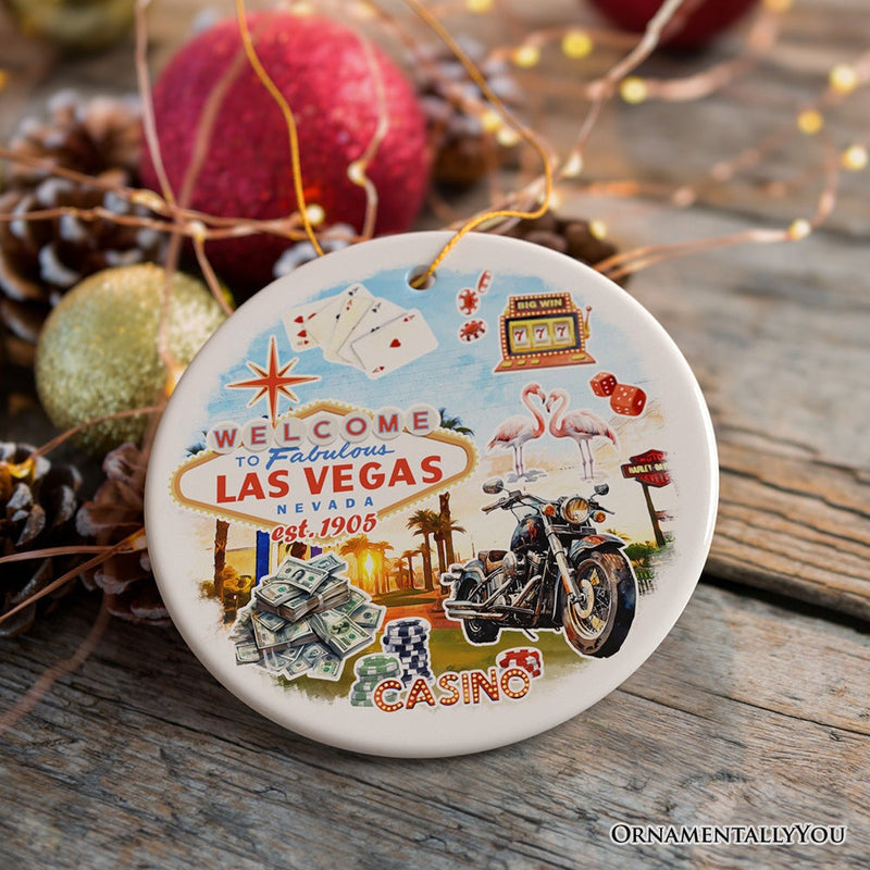 Artistic Las Vegas Collage Art Ceramic Ornament, Slot Machines Cards and Casino Travel Souvenir