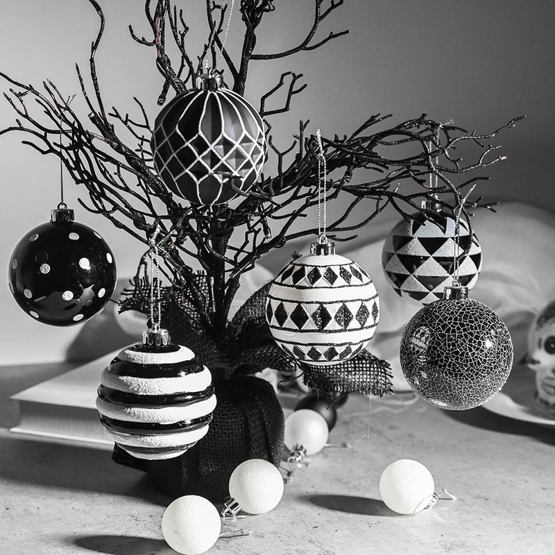 Black and White Monochrome Christmas Bauble Ornament Set, Emo or Gothic Tree Ideas