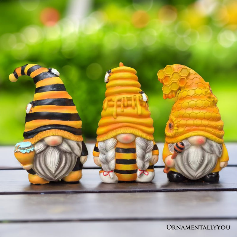 Buzzy Trio Set of Three Bumble Bee Gnome Figurines, 6" Tiered Tray Home or Garden Decoration
