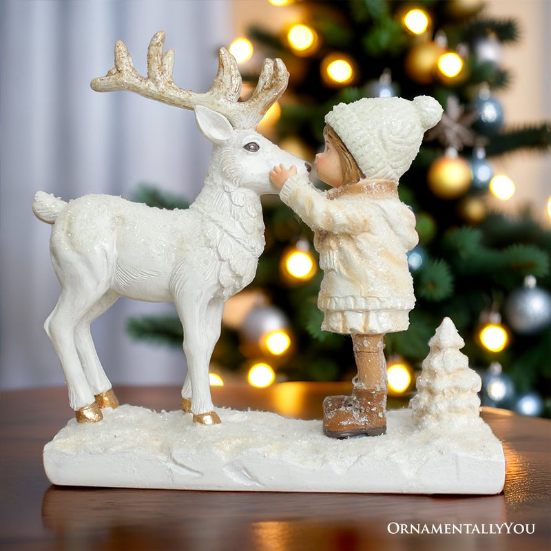 (Pre-Order) Charming Deer and Little Girl Figurine, 7.5" Vintage Christmas Garden Statue