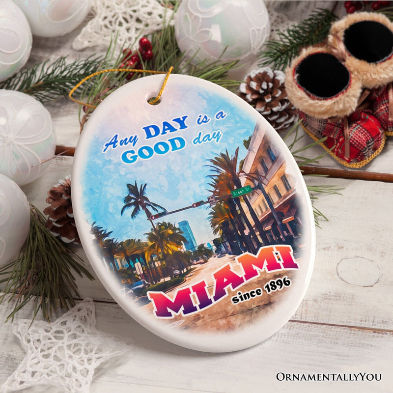 Classic Miami Living Stroll Through Paradise Ornament, Scenic Ocean Drive Artwork Souvenir