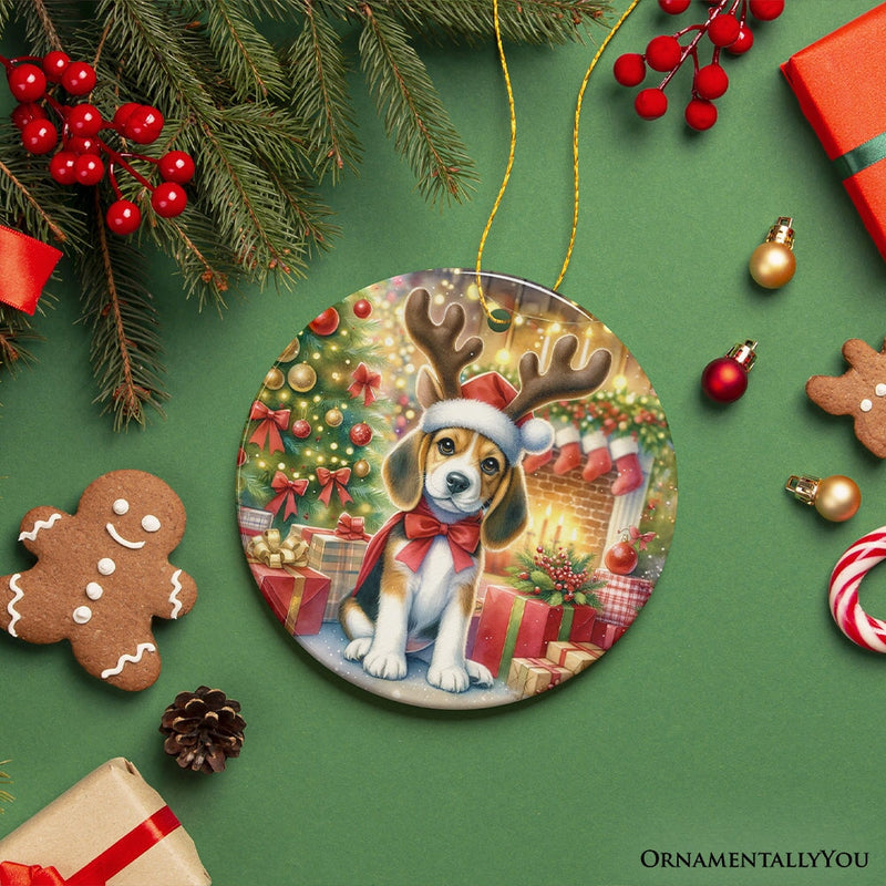 Cozy Fireplace Beagle Ornament, Snuggly Canine Christmas Gift and Decor