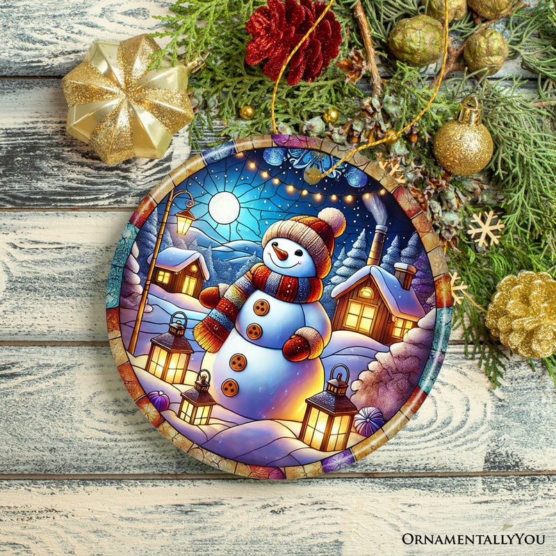 Enchanting Snowman with Cozy Lantern in Winter Village Ceramic Ornament for Decor and Gift