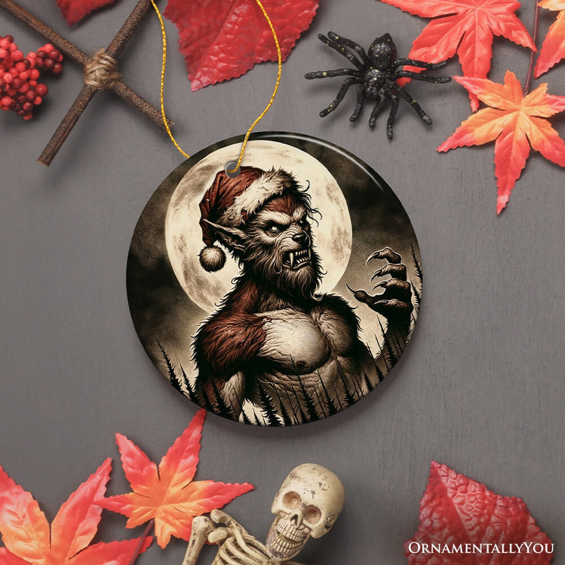 Ferocious Werewolf with Santa Hat Ornament, Terrifying Holiday Gift for Halloween Lovers