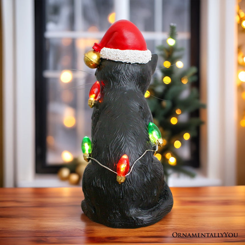 Festive Black Cat with LED Lights Figurine, 7" Cute Home Decor Statue